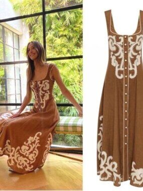 NWOT ALEMAIS Ruby Applique Linen Midi Dress US Size 2